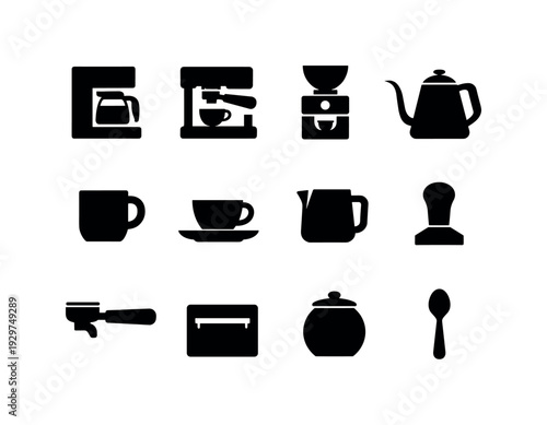 Home coffee brewing tools: coffee maker, espresso machine, coffee grinder, kettle, mug, cup saucer, milk pitcher, tamper, portafilter, knock box, sugar jar,