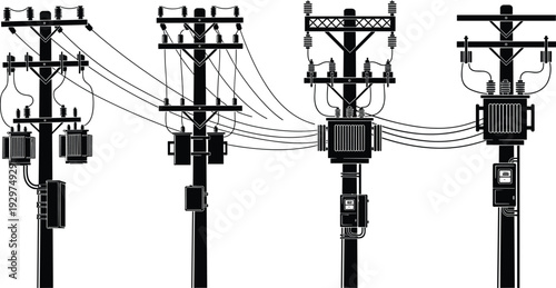 Four black utility poles with electrical wires and transformers in a linear arrangement