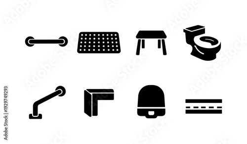 Home bathroom safety items: grab bar, anti slip mat, shower seat, raised toilet seat, handrail, corner protector, night light, floor marker