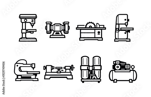 Home workshop machines: linear style drill press, bench grinder, table saw, band saw, scroll saw, wood lathe, dust collector, air compressor