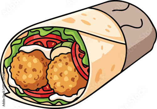 Delicious Falafel Wrap Cartoon Illustration with Fresh Vegetables and Sauce.