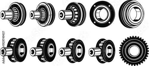 Set of black and white mechanical gears and sprockets in various configurations and orientations