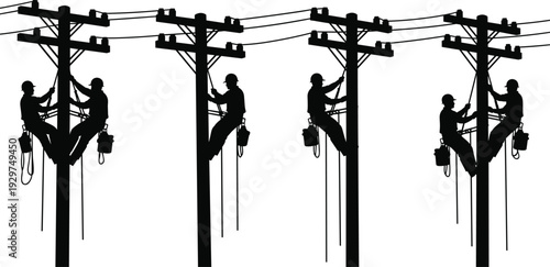Four silhouettes of workers climbing utility poles with tools and buckets