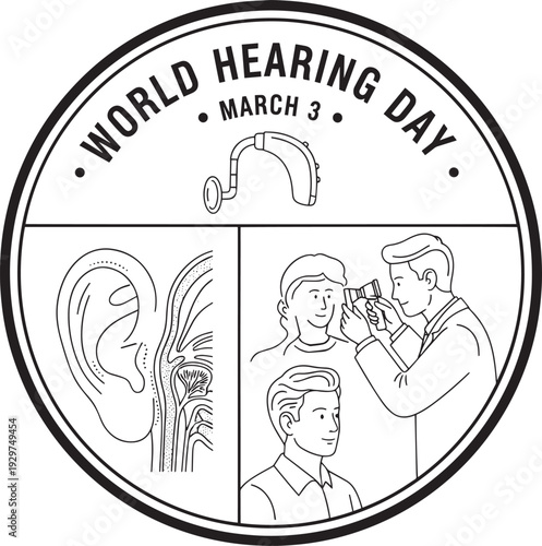A logo for World Hearing Day on March 3 with illustrations of hearing aids and ear exams