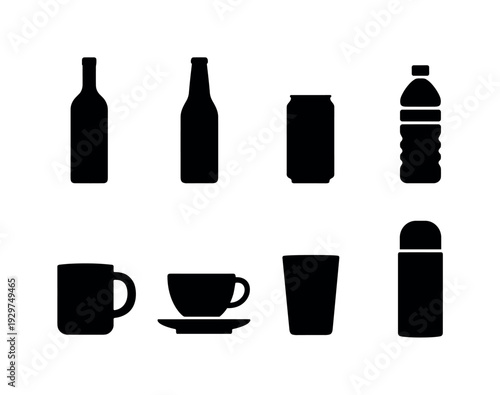 Beverage containers: wine bottle, beer bottle, soda can, water bottle, coffee mug, teacup, tumbler, thermos
