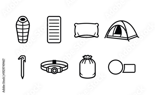 Outdoor camping sleeping gear: linear style sleeping bag, sleeping pad, camping pillow, tent, ground stake, headlamp, stuff sack, repair patch