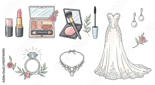 Wedding makeup and jewelry set with dress and accessories for bride