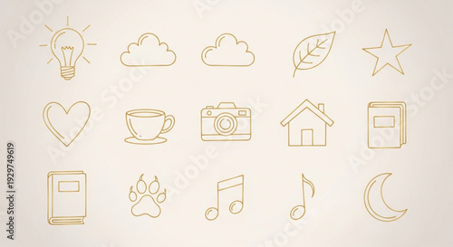 Collection of 15 minimalist line icons for lifestyle and daily activities on beige background