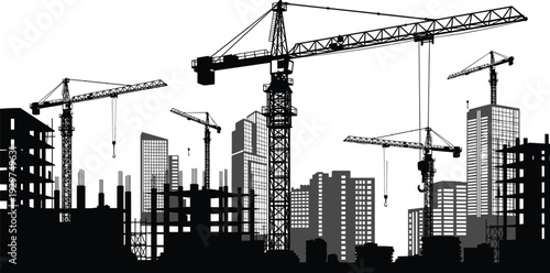 Silhouette of a city skyline with multiple cranes and buildings under construction