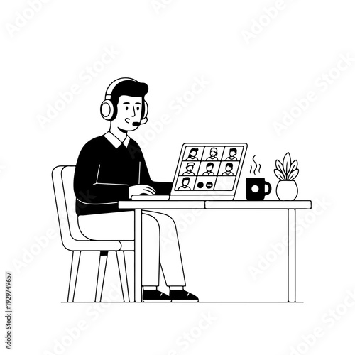 Man Attending Online Video Conference with Headset – Remote Meeting Black and White Line Art Illustration