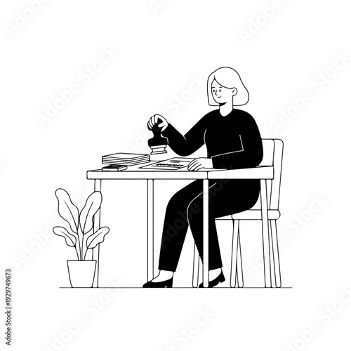 Businesswoman Stamping Approved Document – Office Authorization Black and White Line Art Illustration
