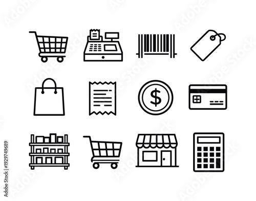 Retail Performance Strategy in linear style: shopping cart, cash register, barcode, price tag, shopping bag, receipt, coin, credit card, shelf, trolley,