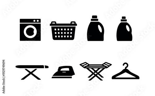 Home laundry tools: washing machine, laundry basket, detergent bottle, fabric softener bottle, ironing board, iron, drying rack, clothes hanger