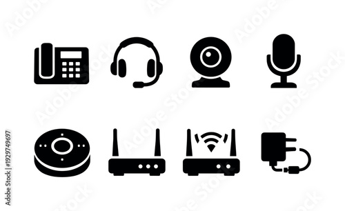 Office desk communication devices: desk phone, headset, webcam, microphone, speakerphone, router, signal repeater, power adapter