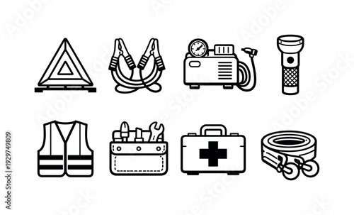Outdoor car emergency kit: linear style warning triangle, jumper cable, tire inflator, flashlight, safety vest, tool pouch, first aid kit, tow strap