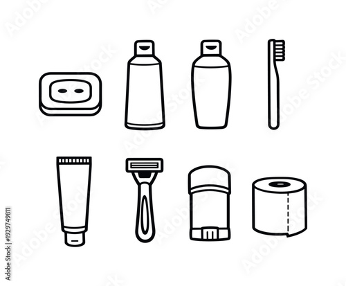 Home bathroom hygiene essentials: linear style soap bar, shampoo bottle, conditioner bottle, toothbrush, toothpaste tube, shaving razor, deodorant stick, toilet