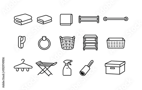 Home bathroom towel management items: linear style bath towel, hand towel, face towel, towel rack, towel bar, towel hook, towel ring, laundry basket, storage