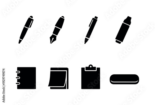 Office desk writing tools: ballpoint pen, fountain pen, mechanical pencil, marker pen, notebook, notepad, clipboard, pen case