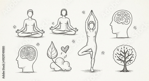 Meditation and yoga practices for mental wellness and relaxation with people plants and mind concepts