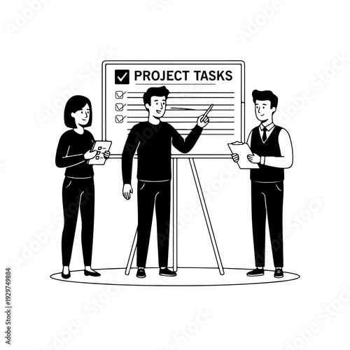 Team Managing Project Tasks Board – Business Workflow Planning Black and White Line Art Illustration