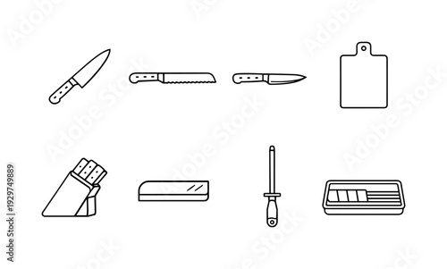 Home kitchen cutting tools: linear style chef knife, bread knife, paring knife, cutting board, knife block, blade guard, honing steel, storage tray