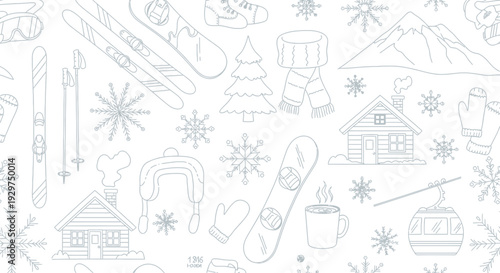 Cozy Winter Doodle Pattern with Skis, Snowboard, Cabins, Trees, and Snowflakes on Isolated White Background.