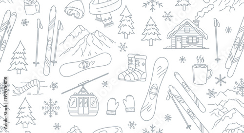 Cozy winter sports seamless pattern illustration on an isolated white background.
