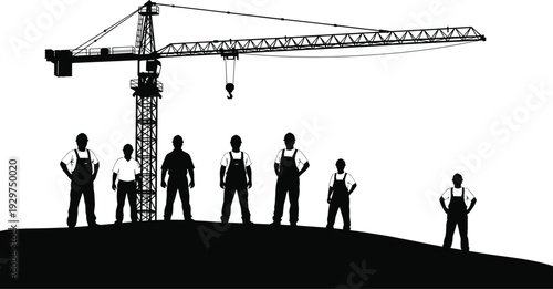 Silhouette of construction workers standing in front of a large crane on a hill black and white