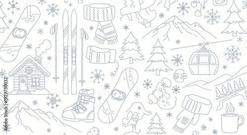 Winter sports seamless pattern with cozy elements on an isolated white background.