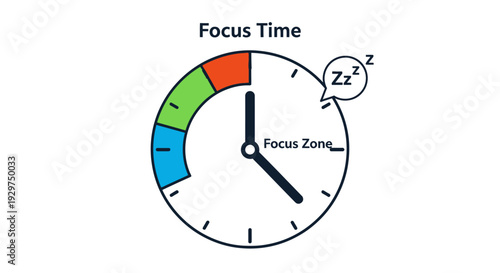Focus Time Clock with Productivity and Rest Zones, Isolated White Background