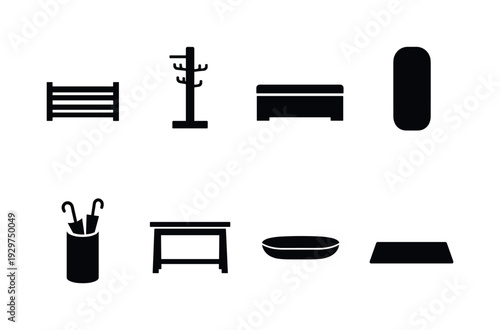 Home hallway storage furniture: shoe rack, coat rack, storage bench, umbrella stand, wall mirror, console table, key tray, doormat