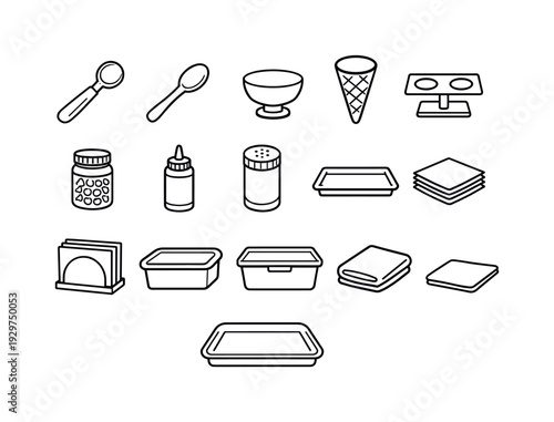 Home kitchen ice cream serving tools: linear style ice cream scoop, serving spoon, dessert bowl, waffle cone, cone holder, topping jar, squeeze bottle, sprinkle