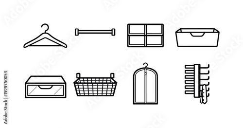 Home closet organization tools: linear style clothes hanger, hanging rail, drawer divider, storage bin, shoe box, shelf basket, garment bag, tie rack