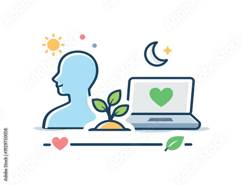 Healthy work-life balance and mental wellbeing in a connected modern lifestyle emphasizing sustainable habits and boundaries, a laptop placed beside a calm