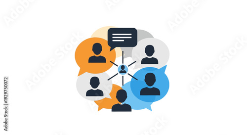 Colorful Team Collaboration Icon with Speech Bubbles and Connected Diverse People in a Network, isolated white background.