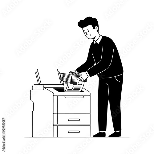 Man Using Office Printer and Copier Machine – Document Processing Black and White Line Art Illustration