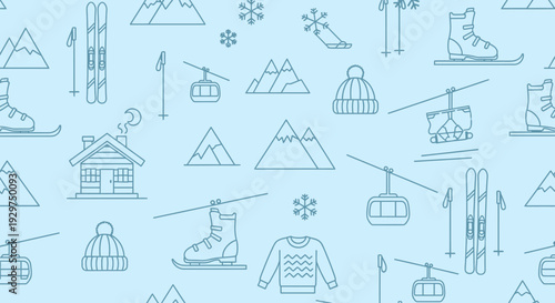 Seamless Pattern of Winter Mountain Sports and Snowy Landscape Elements on a Light Blue Background.