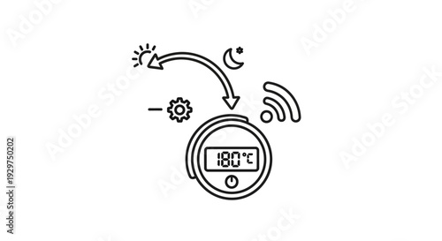 Smart Home Thermostat Temperature Control Device Line Icon with WiFi, Day Night Modes, and Settings Symbol on isolated white background