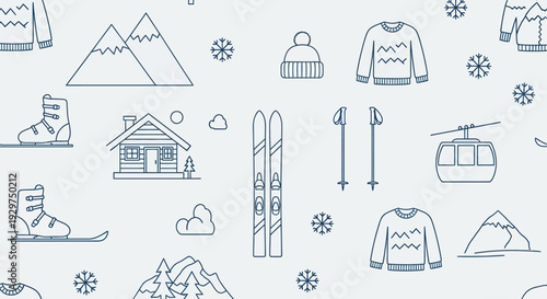 Winter Sports Seamless Pattern with Ski Equipment, Mountains, Cabin, and Snowflakes on Light Blue Background, Line Art Illustration