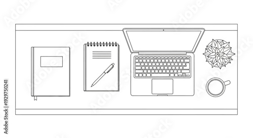 Minimalist Workspace Overhead with Laptop, Notebook, Pen, Coffee Cup, and Plant on Light Wood Table