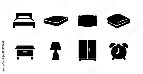 Home bedroom basics: bed frame, mattress, pillow, blanket, nightstand, table lamp, wardrobe, alarm clock