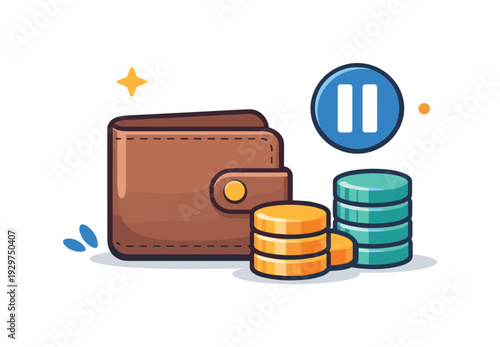 Personal financial awareness and mindful spending management in everyday life, a simple wallet paired with neatly stacked coins and a pause symbol representing
