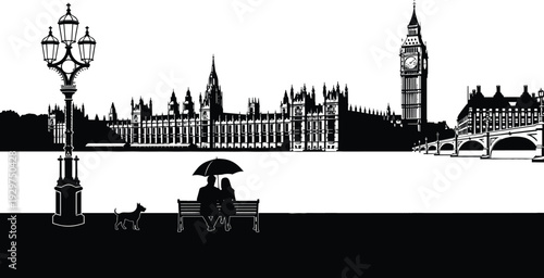 Silhouette of couple with dog sitting on bench near iconic london landmarks with big ben and westminster palace