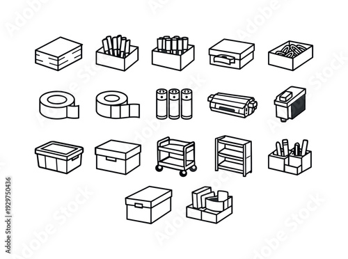 Office desk supply refill station: linear style paper ream, pen box, marker box, staple box, paper clip box, tape roll, label roll, battery pack, toner