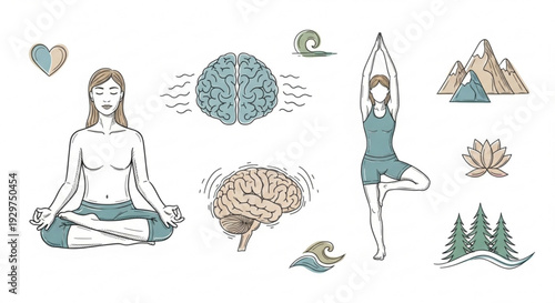 Yoga meditation mindfulness concept with brain heart and nature elements for wellness and relaxation