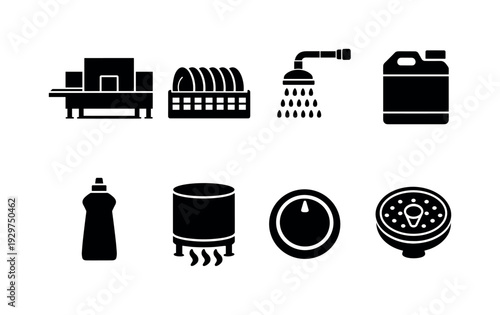 Commercial kitchen dishwashing line: conveyor dishwasher, dish rack, spray arm, detergent container, rinse aid bottle, heating tank, control knob, drain filter