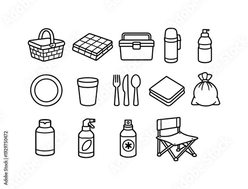 Home picnic accessories: linear style picnic basket, picnic blanket, cooler box, thermos, water bottle, plate, cup, fork, knife, spoon, napkin, trash bag,