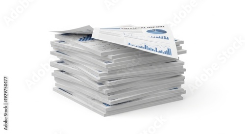 Stack of Business Financial Report Documents with Charts and Graphs isolated on White Background
