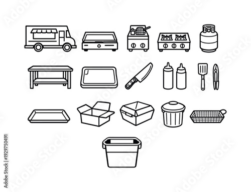 Food truck cooking equipment: linear style food truck, flat griddle, deep fryer, gas burner, propane tank, prep table, cutting board, chef knife, squeeze bottle