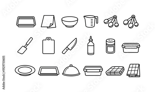 Home roasted sweet potato slices tools icons: linear style baking tray, parchment paper, mixing bowl, measuring cup, measuring spoon, spatula, cutting board,